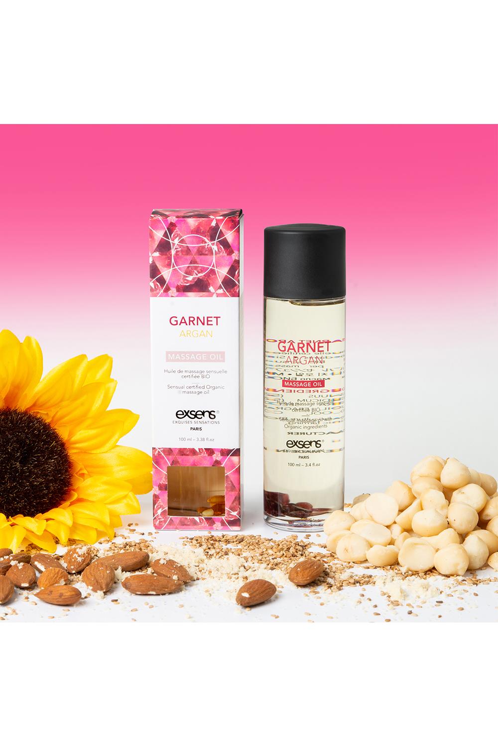 Kvalitets Massage Olie fra Exsens med Garnet krystaller og Argan olie