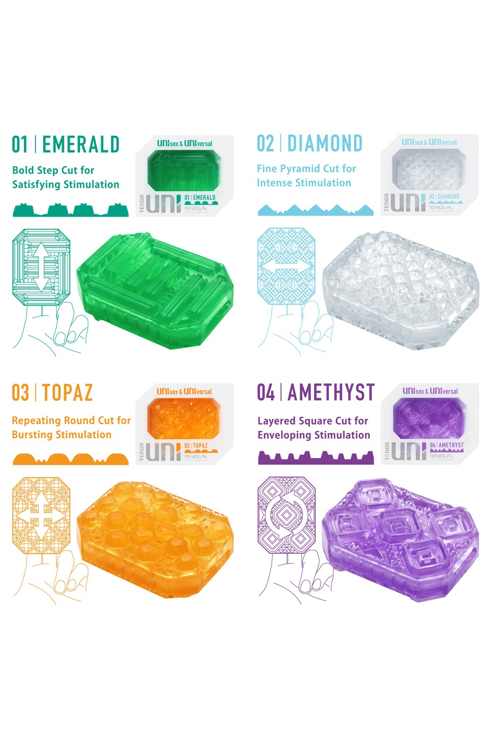 TENGA UNI Forskellige Varianter - Emerald, Diamond, Topaz og Amethyst